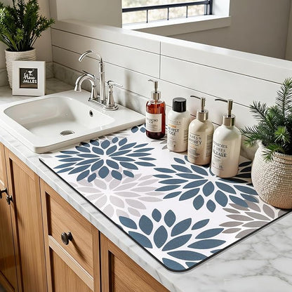Findosom Floral Dish Drying Mat, 12" x 20" Super Absorbent & Hide Stain Coffee Mat, Cuttable Drying Mat for Kitchen Counter, Under Dish Rack, Coffee Maker, Espresso Machine, Blue