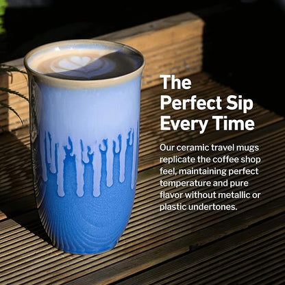 NOVA CERAMICS Ceramic Tumbler– Blue Ceramic Mug – Microwave & Dishwasher Safe Coffee White & Orange Tumbler - Leak-Proof Coffee Travel Mug – 16oz – Neptune