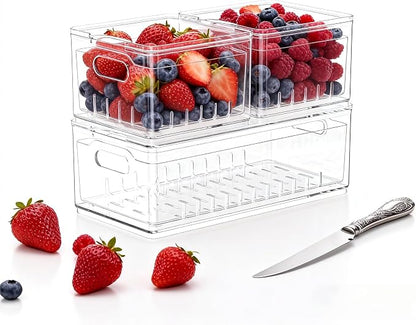 Household Transparent PET Fruit Draining and Washing colander food storage boxes plastic cookie containers refrigerator organizers (3, 1 rectangle 2 squares)