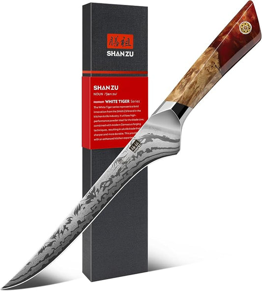 SHAN ZU Damascus Fillet Knife, SG2 Powder Steel Japanese Kitchen Knife, 7 inch Hand Forged 91 Layers Damascus Steel Ultra Sharp Knife with Ergonomic Maple Handle
