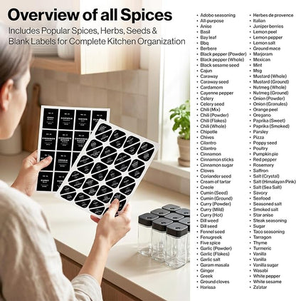 EDELHAUS Square Glass Spice Jars with Label and Black Rotating Lids (24 x 4oz) Spice Containers with 240 Labels, Shaker Inserts, Silicone Funnel, Empty Square Empty Square Seasoning Organizer