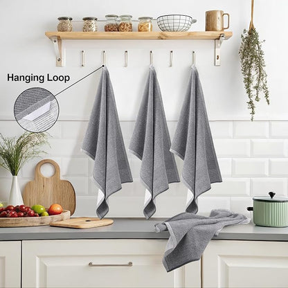 Mordimy Premium Kitchen Towels 6 Pack (18 x 28 Inches, Grey), Large Cotton Kitchen Hand Towel, Flat & Terry Dish Towels for Drying Dishes, Super Absorbent Tea Dishtowels Set with Hanging Loop