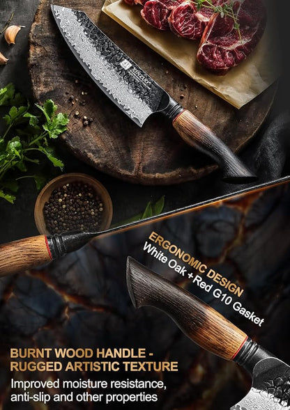 XINZUO 7.6 Inch Sharp Damascus Santoku Knife,Professional 67 Layers Damascus Steel Kitchen Meat Knife for Home and Kitchen,10Cr15CoMoV Steel Core,With White Oak + Red G10 Gasket Handle