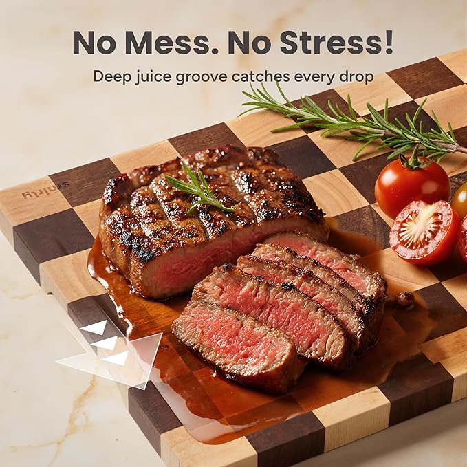 SMIRLY Wooden Cutting Boards for Kitchen - Rubberwood Cutting Boards for Meal Prep, Serving, Charcuterie - Kitchen Gadgets, House Warming Gifts - Wood Chopping Board Set of 3 with Holder