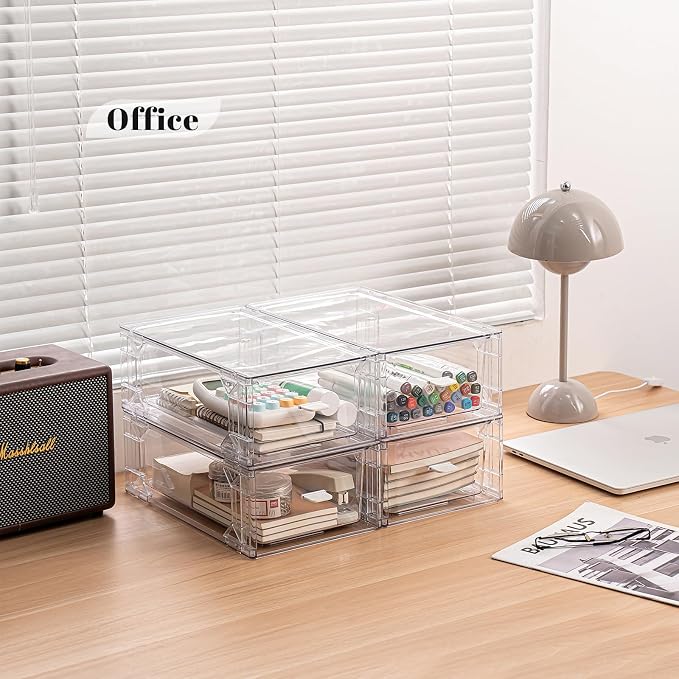 Clear Acrylic Stackable Storage Drawers, Plastic Refrigerator Organizer Bins with Handles for Undersink, Cabinet, Fridge, Closet, Pantry, Office, Bathroom, Kitchen(6 Pack)