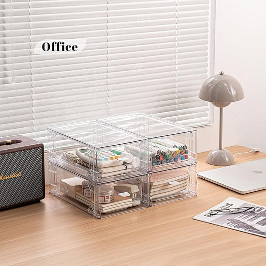 Clear Acrylic Stackable Storage Drawers, Plastic Refrigerator Organizer Bins with Handles for Undersink, Cabinet, Fridge, Closet, Pantry, Office, Bathroom, Kitchen(4 Pack)
