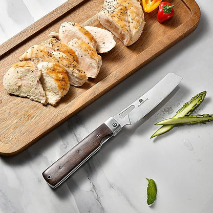 ZhengSheng Folding Chef Knife with Nylon Pouch 4.8" Sharp 440A Stainless Steel Blade Wooden Handle Pocket Foldable Japanese Style Kitchen Knife for Outdoor Camping Cooking