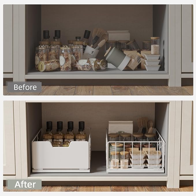 NETEL 2 Pack Pull Out Cabinet Organizer, Slide Out Drawers for Kitchen Cabinets, Pull Out Drawers Fixed with Adhesive Nano Film, Kitchen Cabinet Organizer, Pantry Organizers,11.8" W X 15.7" D X 6.9" H