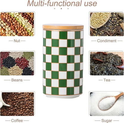 Kitchen Countertop Ceramic Checkered Canisters,Black And White Food Storage Containers With Lid,Airtight Kitchen Canisters for Flour, Sugar, Coffee, Tea, and Dry Goods (Green, Large)