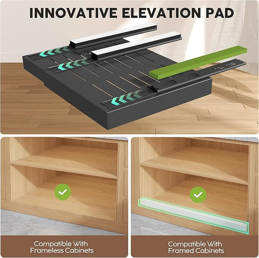 Seinloes 2 Pack Pull Out Cabinet Organizers 21" Deep With Raising Pad for Framed Cabinets, Expandable Width (15.2"-26.3") Slide Out Drawers Upgrade 3 Slide Rails, Roll Out Shelves Adhesive, Black