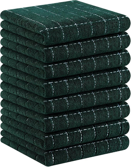 Homaxy 100% Cotton Terry Kitchen Towels(Blackish Green, 13 x 28 inches), Checkered Designed, Soft and Super Absorbent Dish Towels, 8 Pack