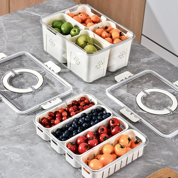 2Pack Divided Snackle Box with Lids Stackable Food Serving Tray for Fruit&Veggie Plastic Fridge Storage Container for Pantry Freezer Clear Snack Box for Meal Prep Candy Nuts Spice