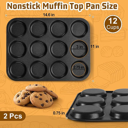 E-far 12-Cavity Muffin Top Pan, 3 Inch Nonstick Shallow Cupcake Pan for Yorkshire Pudding, Eggs, Whoopie Pie, Cornbread, Easy Release & Clean, Standard Size, 2 Pack