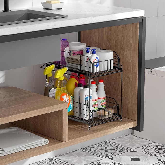 SUEH DESIGN Under Sink Organizers and Storage, 2 Pack | 2 Tier Metal, Hanging Rail, Kitchen Bathroom Cabinet Organizer