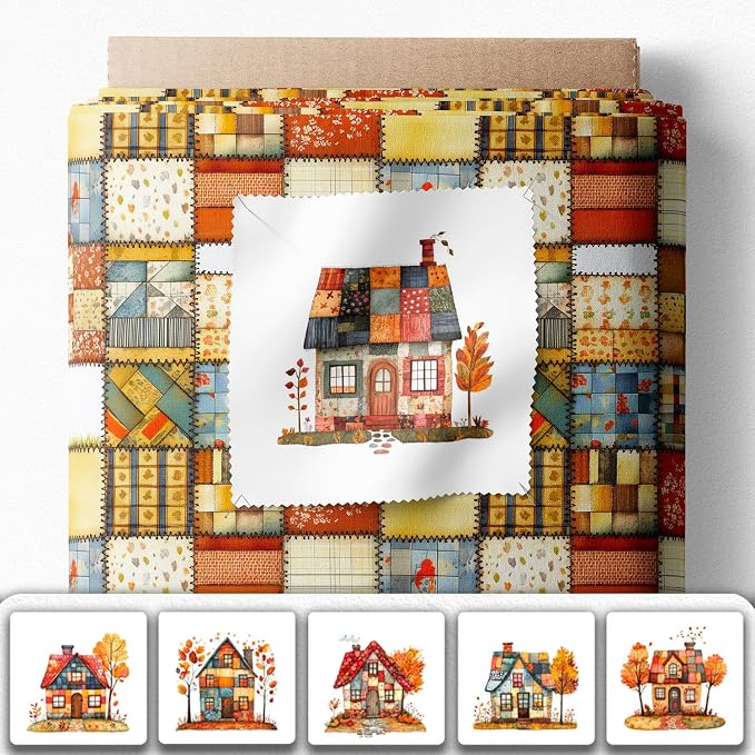 Cozy Autumn Patchwork House Fabric Panel – Six 10×10 inch Designs + Bonus 29.5×19.6 inch Patchwork Sheet, 100% Turkish Cotton 140 GSM