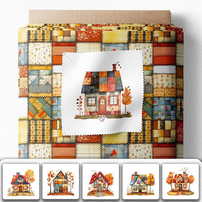 Cozy Autumn Patchwork House Fabric Panel – Six 10×10 inch Designs + Bonus 29.5×19.6 inch Patchwork Sheet, 100% Turkish Cotton 140 GSM