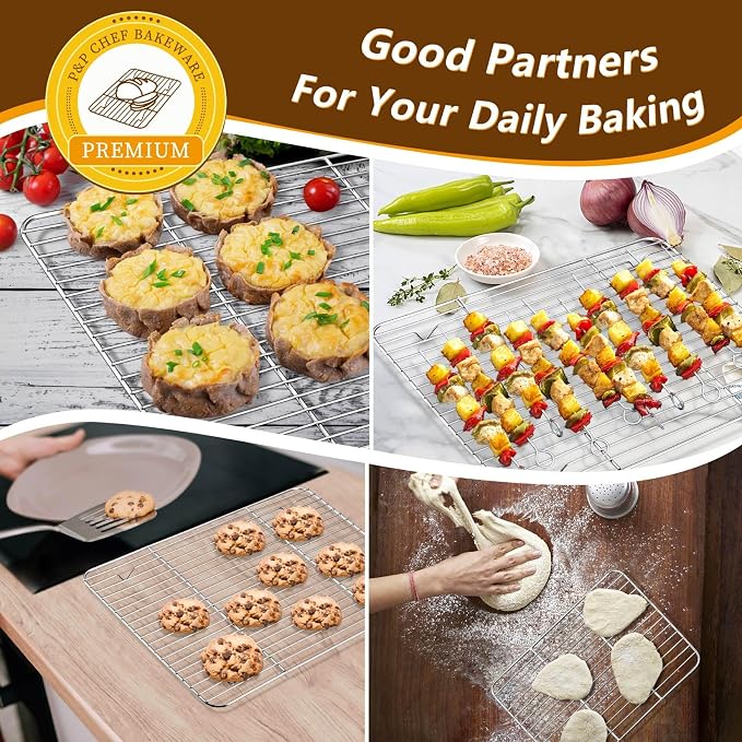 P&P CHEF 16+12.5+9 Inch Baking Sheets with Racks Set, Stainless Steel Baking Cookie Sheet Oven Pan and Cooling Rack, Healthy & Easy Clean, Oven & Dishwasher Safe, 3 Sizes & 6Pcs
