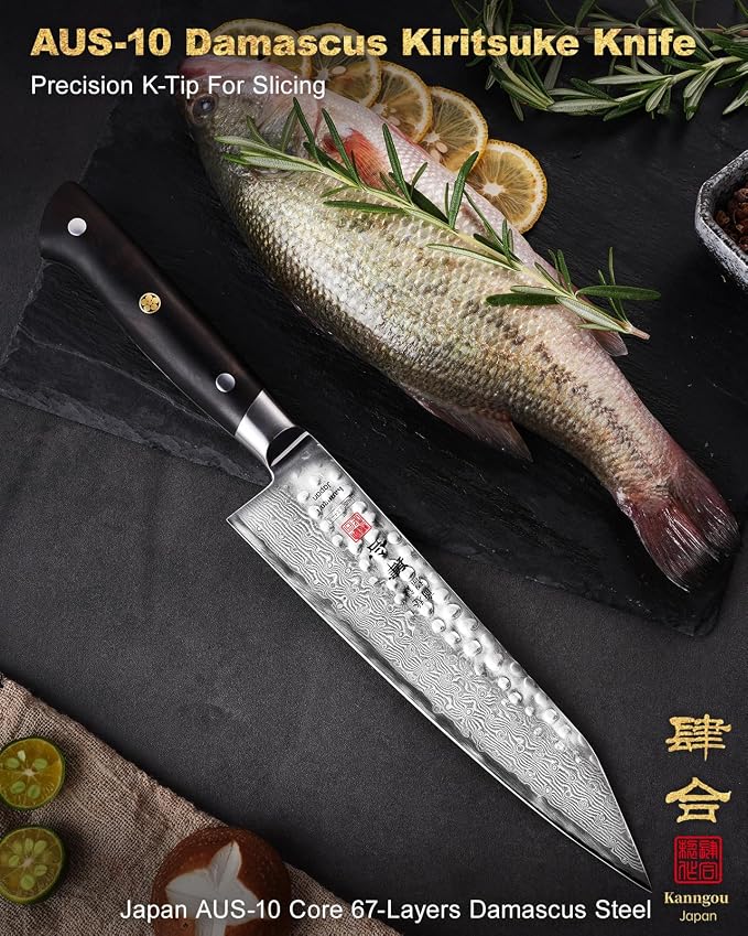 kanngou Japanese Chef Knife Kitchen Knife with 67 Layers Damascus Steel AUS-10 Core, Professional Damascus Knife with Full-Tang Ebony Wood Handle and Premium Gift Box (8.27 Inch Kiritsuke Knife)