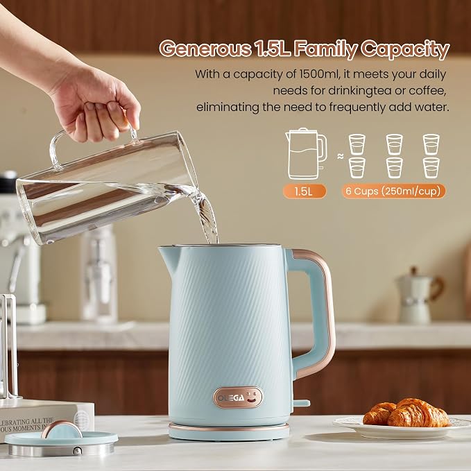 OLEGA Electric Kettle: 1200W Fast Boil Electric Water Kettles, 1.5L Double Wall Stainless Steel Tea Kettle, Auto Shut-Off, BPA-Free Hot Water Boiler Teapot for Coffee & Tea -Light Blue