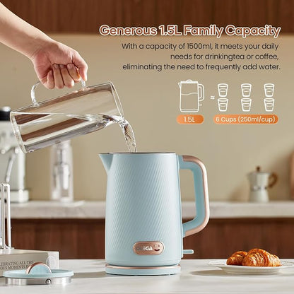 OLEGA Electric Kettle: 1200W Fast Boil Electric Water Kettles, 1.5L Double Wall Stainless Steel Tea Kettle, Auto Shut-Off, BPA-Free Hot Water Boiler Teapot for Coffee & Tea -Light Blue