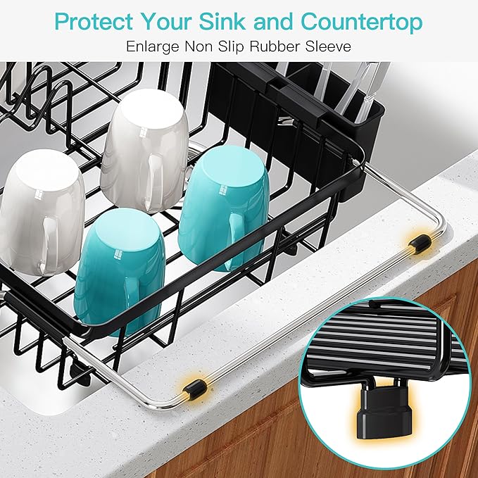 JASIWAY Black Expandable Stainless Steel Over The Sink Dish Drying Rack for Small Kitchen Counter Space Saving, Compact Plate Drainer Strainer, Adjustable Hanging Metal Dish Dryer with Utensil Holder