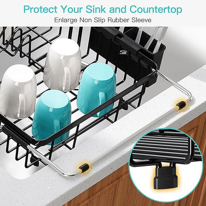 JASIWAY Black Expandable Stainless Steel Over The Sink Dish Drying Rack for Small Kitchen Counter Space Saving, Compact Plate Drainer Strainer, Adjustable Hanging Metal Dish Dryer with Utensil Holder