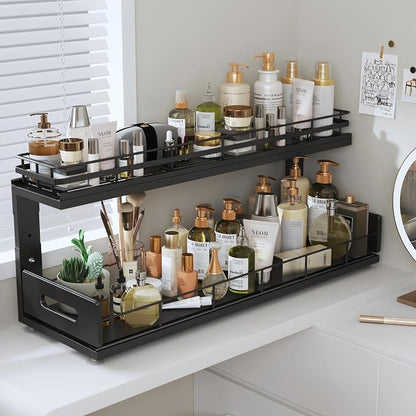 Under Sink Organizer Upgrade To Professional Rails,2-Tier Dual Pull Out Cabinet Storage,Height Adjustable Slide Out Drawers For Bathroom Kitchen,1 Pack-21"Dx12.8"-16.9"H,Black