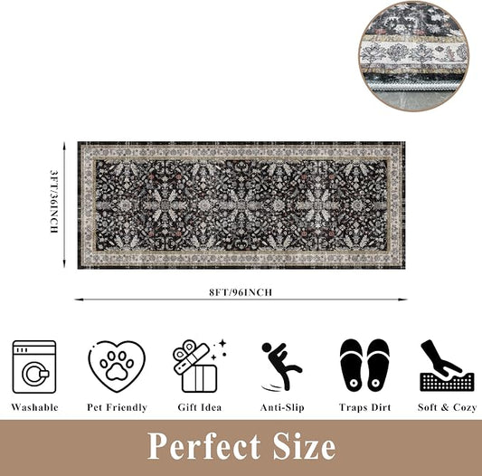 3x8 Hallway Runner Rug Washable Non-Slip – Boho Floral Soft Wide Carpet Runner for Kitchen Entryway Bathroom Bedroom – Low-Pile Thin Floor Mat with Rubber Backing (Black,3x8)