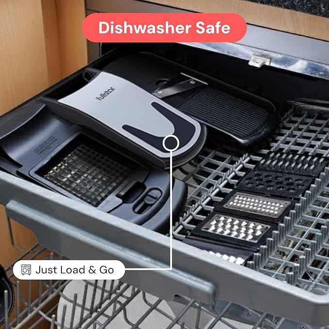 Dishwasher safe kitchen tool with text indicating safe use and easy loading.