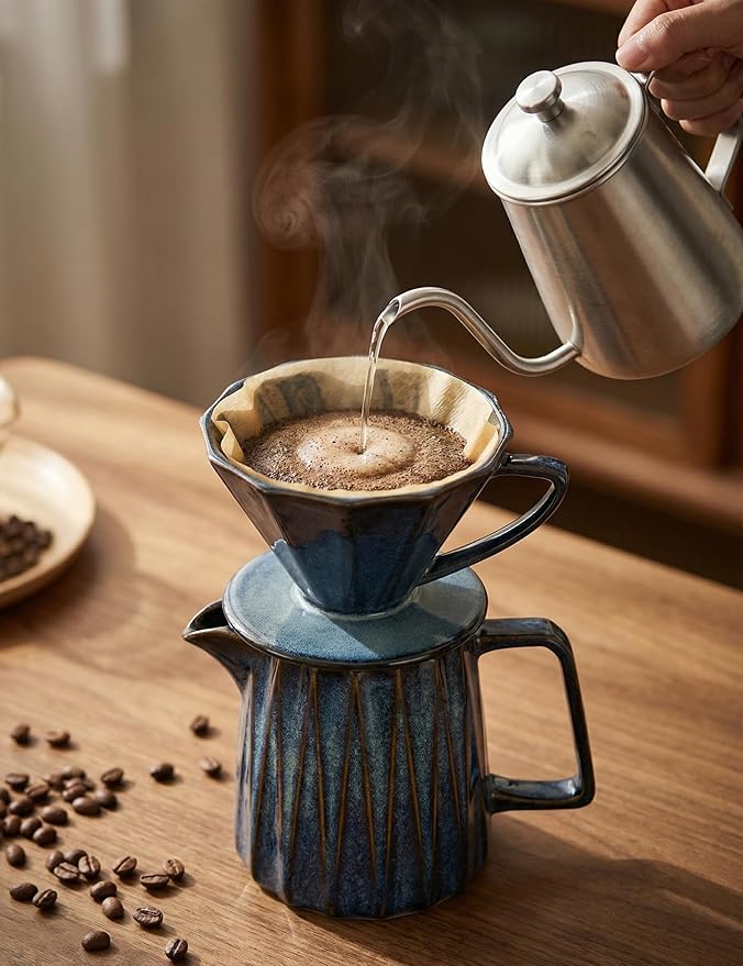 Pour Over Coffee Maker Set, Vintage Ceramic Coffee Dripper with 50 Paper Filters, 15oz/450ml, for Home Café Restaurant Camping
