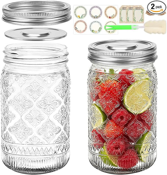 32 oz Mason Jars with Stainless Steel Split Lid, 2-Pack – Wide Mouth Quart Glass Canning Jars, Airtight Seals for Food Storage, Fermenting, Pickling, Kimchi & Sourdough Starter