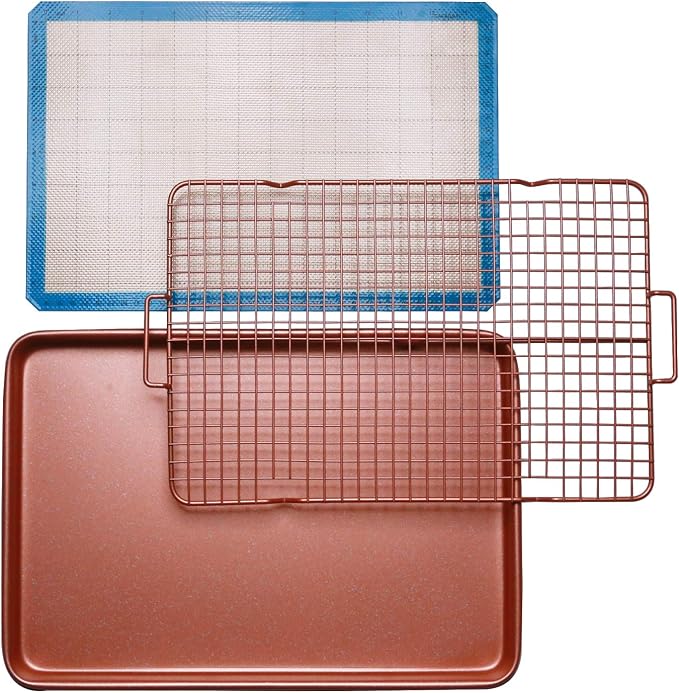 CasaWare 3pc Ultimate Commercial Weight 15 x 10 x 1-inch Cookie Sheet/Cooling Grid/Silicone Mat Bakeware Set (Rose Gold Granite)