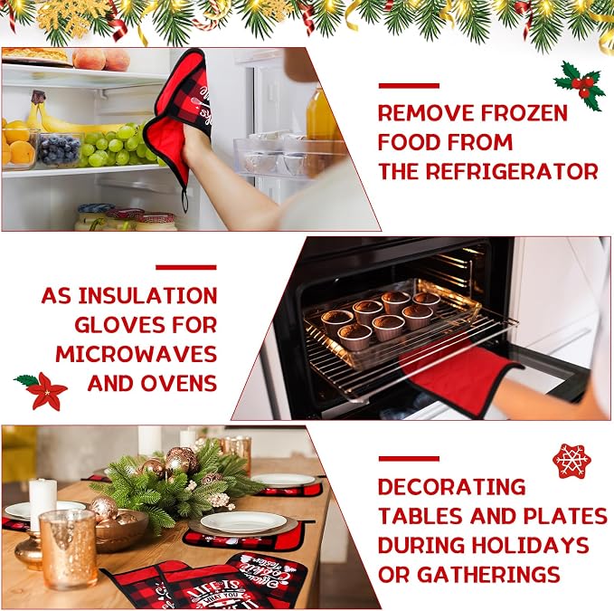 Layhit 12 Pieces Christmas Pot Holders with Pocket Heat Resistant Oven Mitts Hot Pads Farmhouse Cookie Bag for Kitchen Baking Cooking Appreciation Gift(Buffalo Plaid)