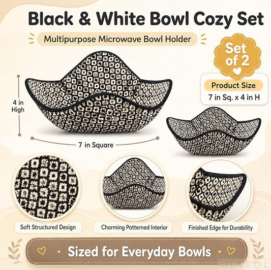 Set of 2 Microwave Bowl 4x7x7 Inch Polyester Cloth Hot Pads with Black and White Color - Holder Microwavable Pot for Food - Ramen Soup or Pot Cozy - Multipurpose Heat Resistant Plate Holders