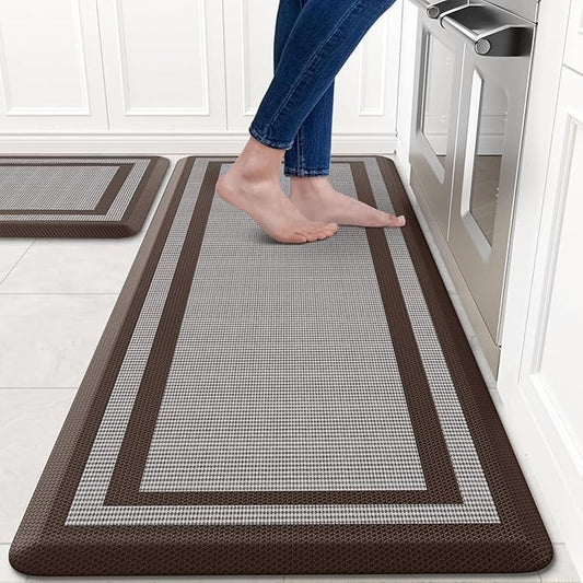KitchenClouds [2 PCS Kitchen Rugs Cushioned Anti-Fatigue Kitchen Mats for Floor Waterproof Kitchen Rug Set Non-Slip Comfort Standing Mat for Office, Sink, Laundry 20"×30"+20"×47",Chocolate