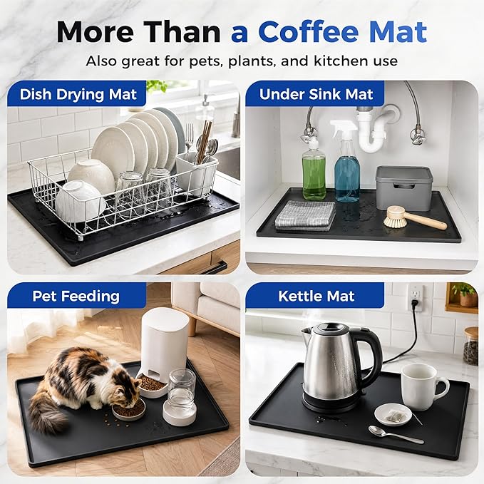 Golener Silicone Coffee Mat - 24" x 16" Coffee Bar Mat for Countertop with Raised Edges, Kitchen Station Pad, Accessories Fit Under Coffee Machine, Waterproof Dish Drying Mat, Heat Resistant, Black