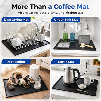 Golener Silicone Coffee Mat - 24" x 16" Coffee Bar Mat for Countertop with Raised Edges, Kitchen Station Pad, Accessories Fit Under Coffee Machine, Waterproof Dish Drying Mat, Heat Resistant, Black