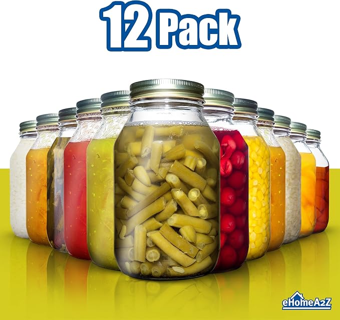 Mason Jars 32 Oz With Lids Regular Mouth (12 Pack) Preserving Spices,Storage,Meal Prep, Overnight Oats,Dry Food,Salads,Drinking
