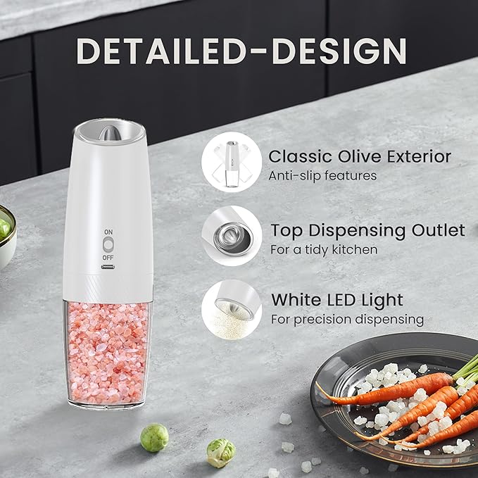 Rechargeable Salt And Pepper Grinder Set with LED Light, Automatic Electric Gravity Salt And Pepper Shakers Set, No Battery Needed, Adjustable Roughness, 2 Pack (Black&White)