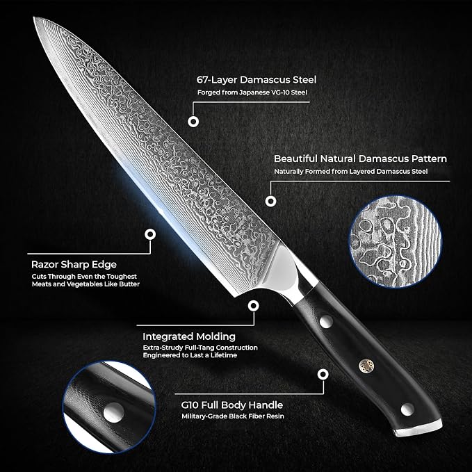 SENKEN 6-Piece Damascus Steel Kitchen Knife Set - Shogun Collection - 67-Layer Japanese VG10 Steel - Chef's Knife, Cleaver Knife, & More, Extremely Sharp Blades for Effortless Cutting, Luxury Gift Box