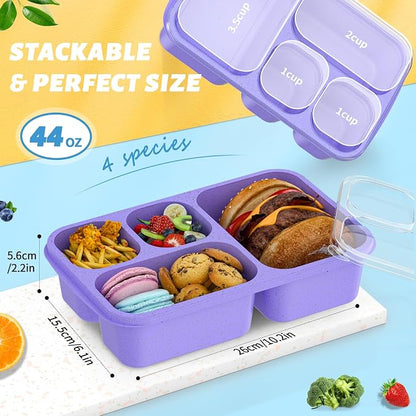 Bento Box 4-Pack 5-Compartment Meal Prep Containers, BPA-Free Plastic, Stackable Food Storage Lunch Boxes for Adults and Kids, School Work Travel (Purple)