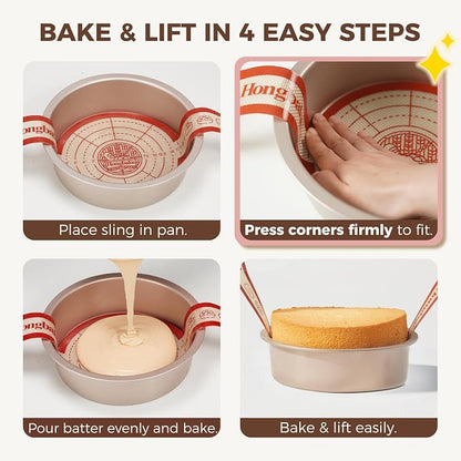 HONGBAKE 8 Inch Round Cake Pan Set for Baking with 2 Pcs Silicone Baking Sling Mats, Nonstick Circle Cake Pans Set of 2, 2.5" Deeper Layer Cake Tin for Oven, Cheesecake Mold, Huty Duty, Golden