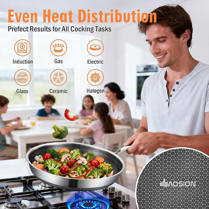 AOSION Nonstick Frying Pans Set,Hybrid Skillets Set with Lid(8+10+9+12inch), Hybrid Stainless Steel Frying Pans Set of 3 for Cooking,PFAS/PFOA Free Cookware Sets,Induction Compatible.