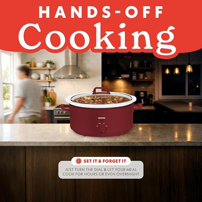 Gourmia Slow Cooker - 7 Quart Removable Ceramic Pot, Manual Controls with 3 Temperature Settings, Dishwasher Safe Crock and Glass Lid, Red