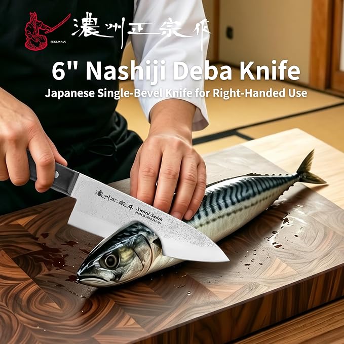 6 Inch Deba Knife, Made in Japan, Right-Handed Single Bevel Fish Butcher Knife, High Carbon Stainless Steel with Nashiji Finish, Pakkawood Handle for Fish Filleting & Butchering