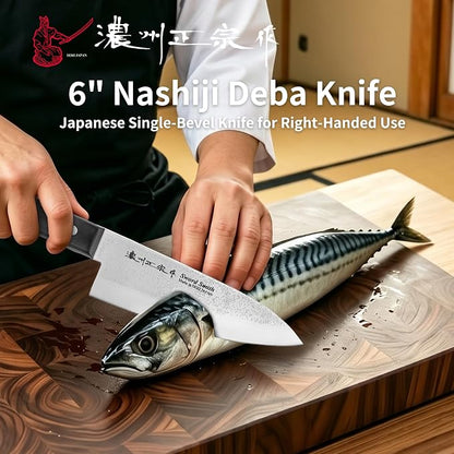 6 Inch Deba Knife, Made in Japan, Right-Handed Single Bevel Fish Butcher Knife, High Carbon Stainless Steel with Nashiji Finish, Pakkawood Handle for Fish Filleting & Butchering