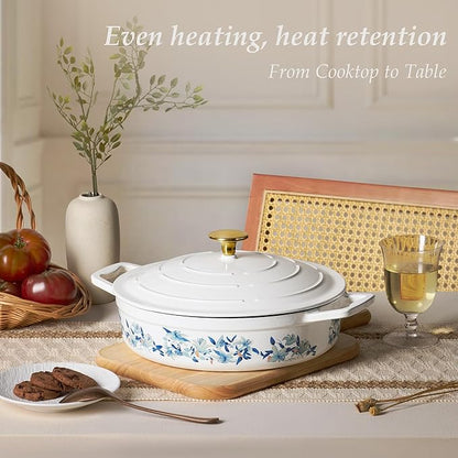 CAROTE 3.5QT Enameled Cast Iron Braiser Pan, Shallow Floral Dutch Oven Casserole Skillets, Non-Toxic Cast Iron Pot with Lid for Baking, Dual Handles, All Stovetop Compatible, White & Blue