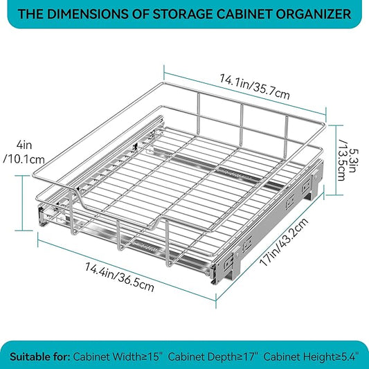 Pull Out Cabinet Organizer 14" W X 17" D, Slide Out Drawers For Kitchen Organizers and Storage, Pull Out Drawers For Cabinets Capacity Heavy Duty Caddy, Cabinet Shelves Chrome-Plated, Bathroom Pantry