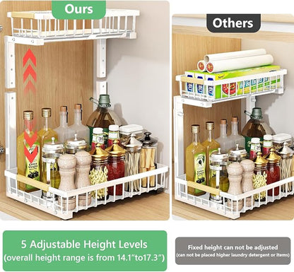Merrylun Under Sink Organizers,5 Adjustable Height，Metal Pull Out Under Sink Organizers and Storage Shelves with Sliding Drawer 2 pack, White