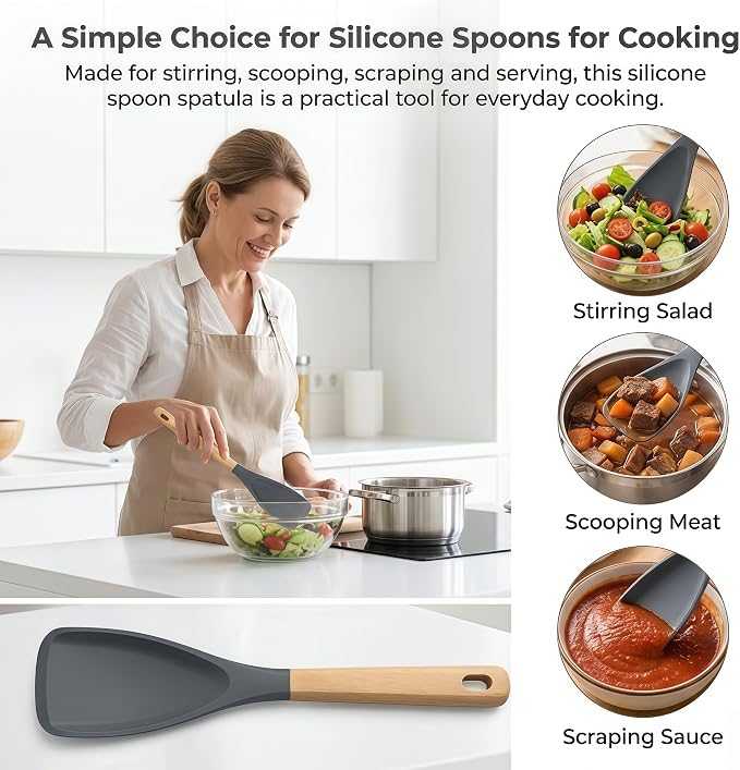 Silicone Spoon Spatula for Cooking, Flexible Spoon for Stirring, Scooping and Scraping, Safe for Nonstick Cookware,Grey